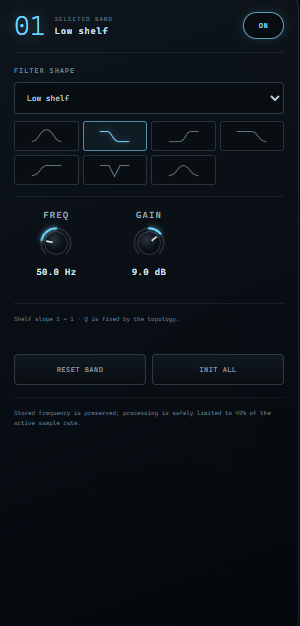 Close-up of the selected-band inspector: filter shape icons, frequency and gain knobs reading 50 hertz and 9 decibels, and Reset band and Init all buttons.
